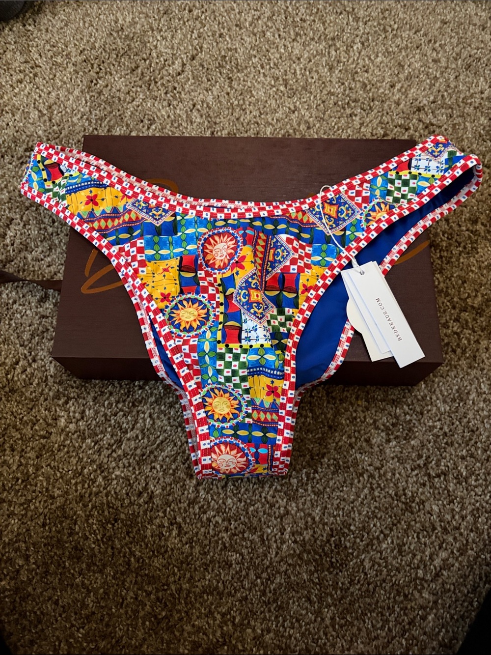 Women's Multi-Color Printed Bikini Bottom - Vibrant Red Trim